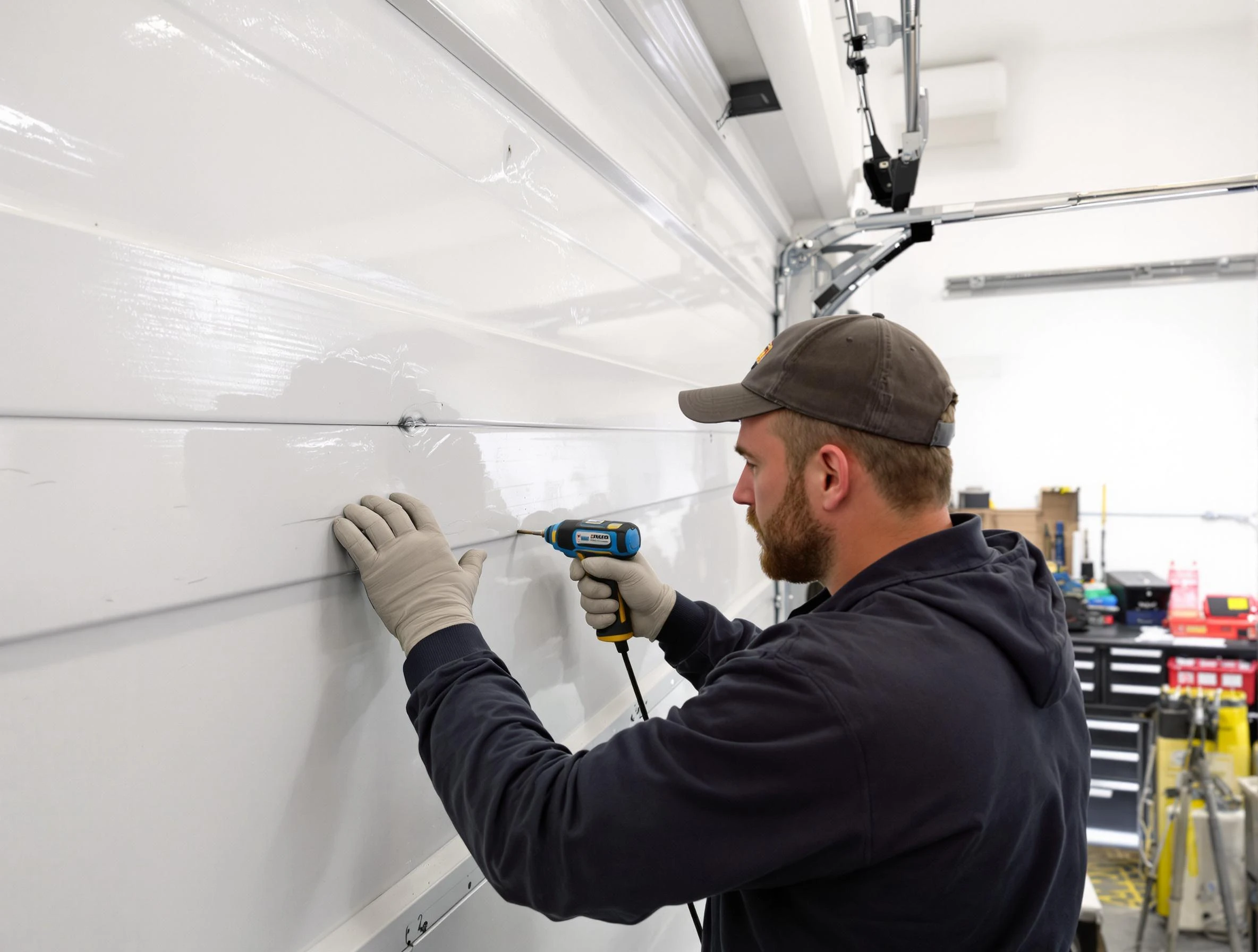 Allegheny Garage Door Repair technician demonstrating precision dent removal techniques on a Allegheny garage door